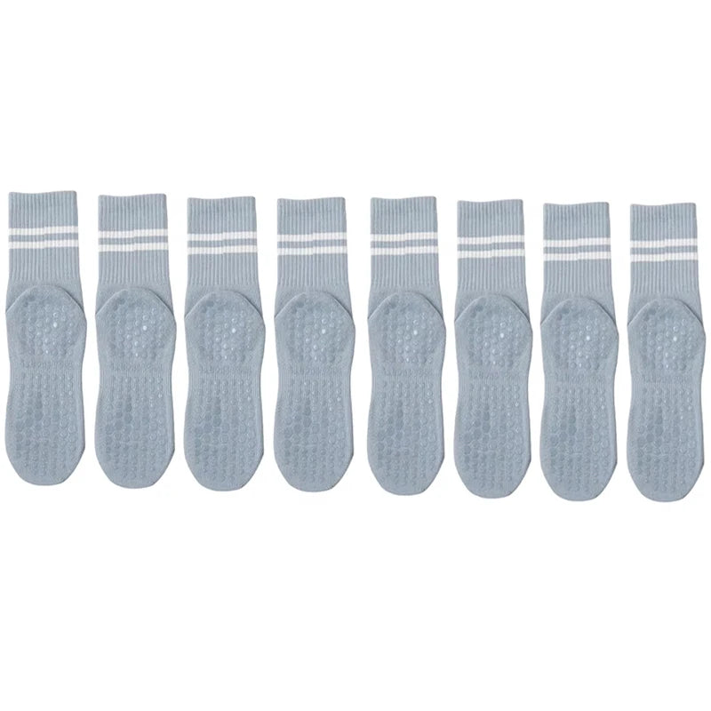 4 Pairs of Mid Tube Double Bar Striped Yoga Socks Anti Slip Dance Sports Breathable Socks Fitness Pilates Cotton Socks