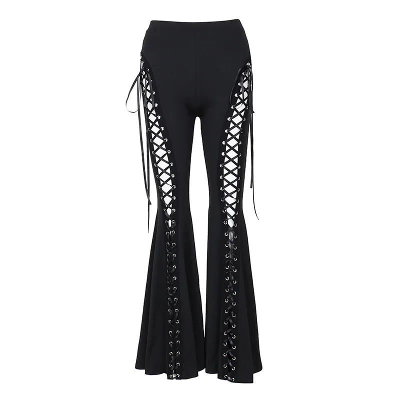 Dark Black Sexy Punk Flared Pants Long Trouser Women Lace Up Front Hollow Cut Out Bell Bottom Tied Up High Waist Streetwear