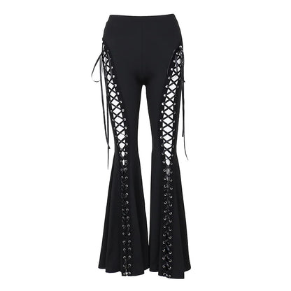 Dark Black Sexy Punk Flared Pants Long Trouser Women Lace Up Front Hollow Cut Out Bell Bottom Tied Up High Waist Streetwear