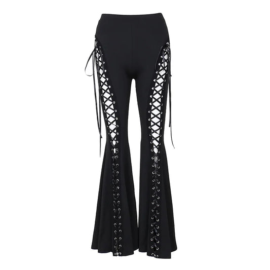 Dark Black Sexy Punk Flared Pants Long Trouser Women Lace Up Front Hollow Cut Out Bell Bottom Tied Up High Waist Streetwear