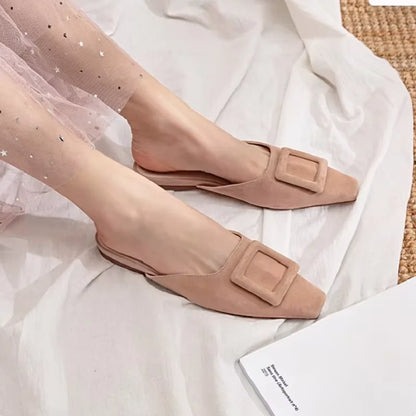 2025 Womens Summer sandals Lady mules basic style shoes natual suede french style buckle slippers Women pump pointed toe size 42