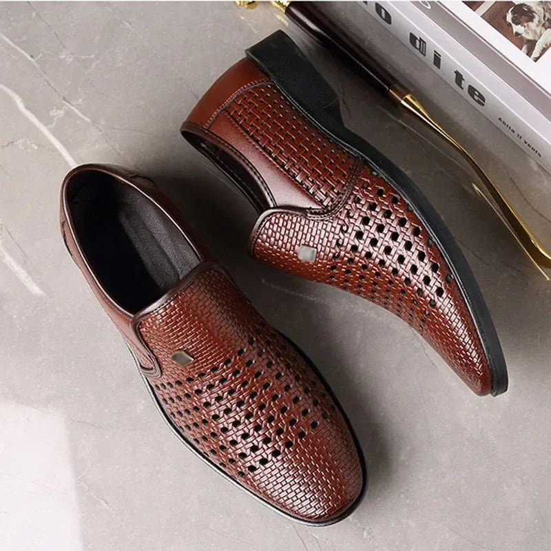 Men's Synthetic Leather Shoes  Soft Sole Breathable Low Heeled Business Casual Shoes Hollow Out Dress Sandals Middle Aged