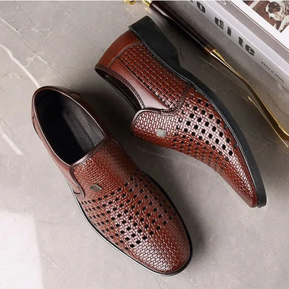 Men's Synthetic Leather Shoes  Soft Sole Breathable Low Heeled Business Casual Shoes Hollow Out Dress Sandals Middle Aged