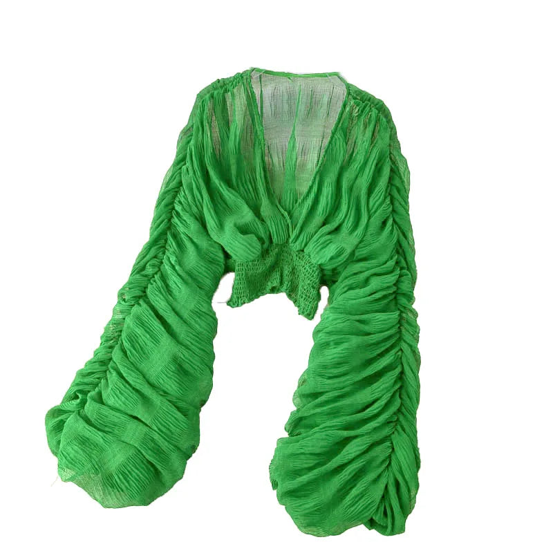 Women Sexy Chiffon Short Blouse Female See Through Super Long Sleeve Blusas Purple/Green/Black/White Folds Party Tops 2022 New