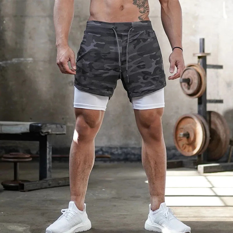 Camouflage running shorts, men's gym sports shorts 2-in-1, quick dry exercise training, outdoor sports fitness jogging shorts