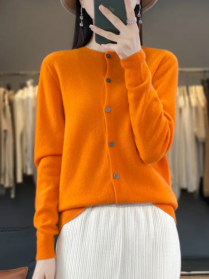 100% Merino Wool Sweater Women O-Neck Cardigan Basic Style  Buttoned Knitwear Female Casual Autumn Winter Soft Tops
