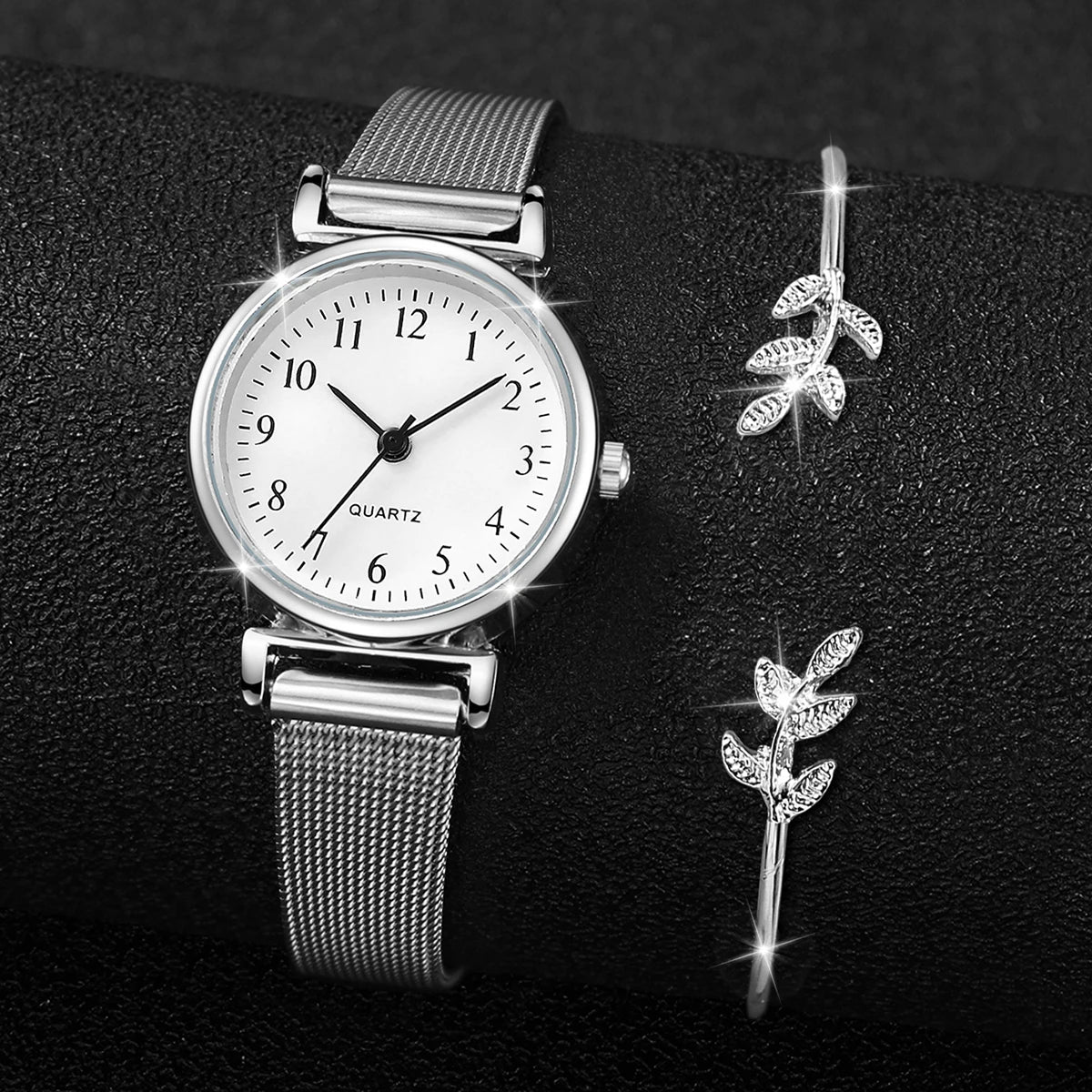 2PCS Fashion Arabic Dial Women Quartz Watch Steel Mesh Band Watches Opening Cuff Bracelet Bangle Set£¨Without Box£©