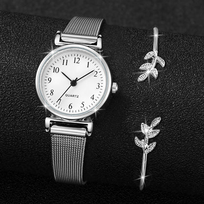 2PCS Fashion Arabic Dial Women Quartz Watch Steel Mesh Band Watches Opening Cuff Bracelet Bangle Set£¨Without Box£©