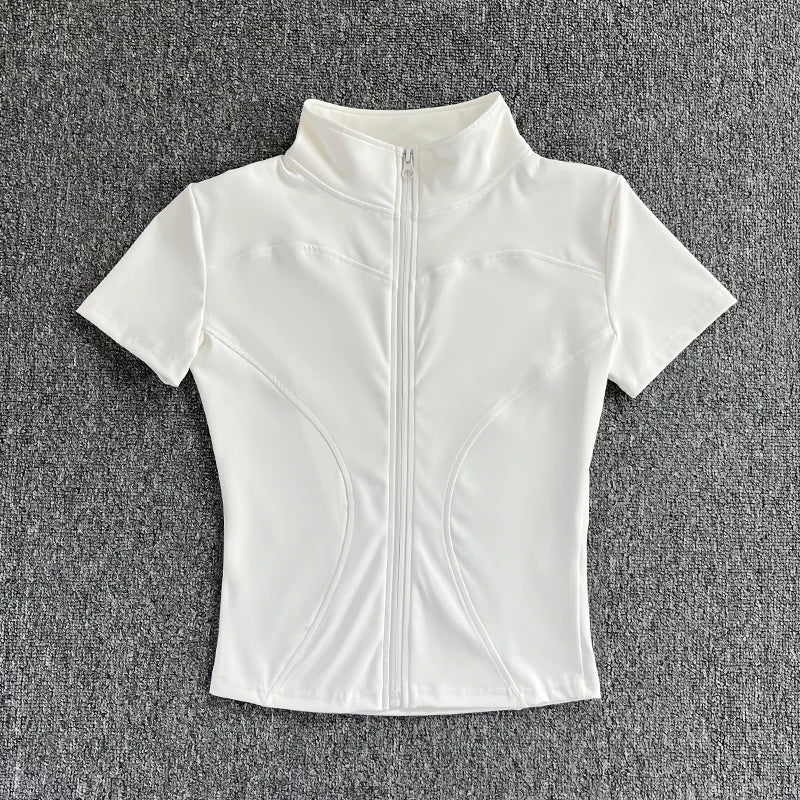 Summer High Quality Waist Slimming Training Tops Women's Quick-drying Tight Stand Collar Full Zipper Short Sleeves Yoga shirts