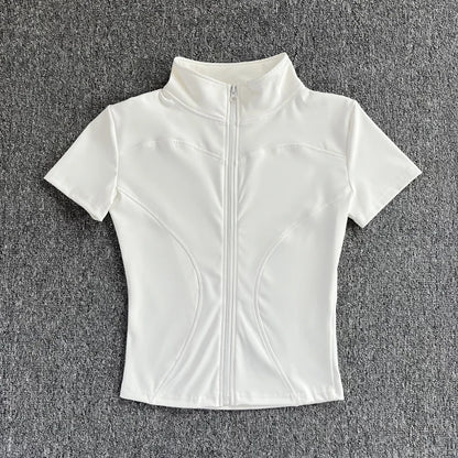 Summer High Quality Waist Slimming Training Tops Women's Quick-drying Tight Stand Collar Full Zipper Short Sleeves Yoga shirts