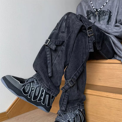 American Style Vibezip-up Trendy Jeans For Men Loose-fit Bell Bottoms Ins High Street Gangsta Style Casual Workwear