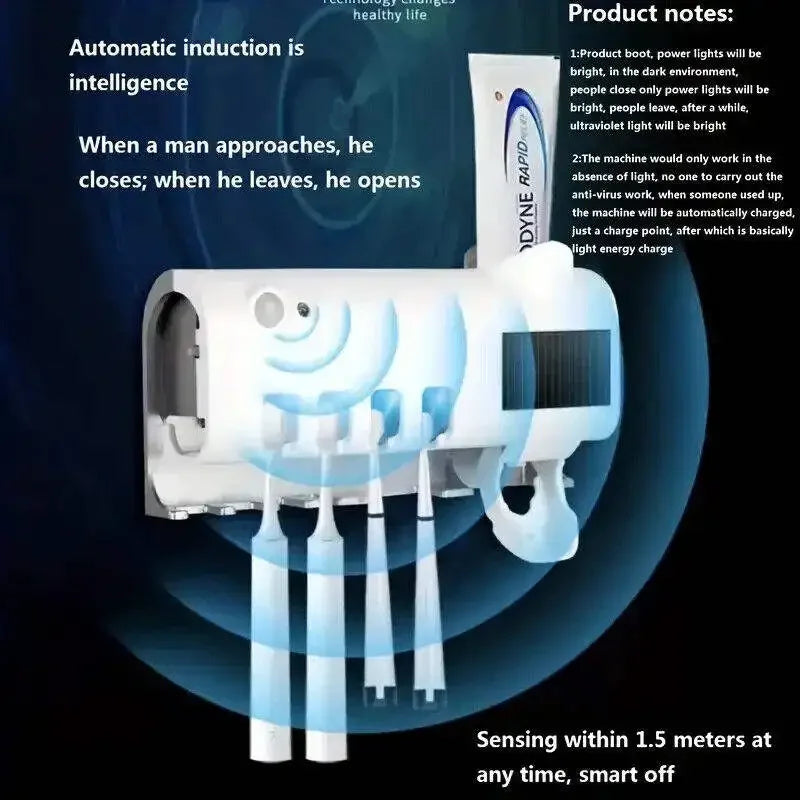 A wall mounted solar ultraviolet toothbrush sterilizer with automatic toothbrush holder and bathroom accessories