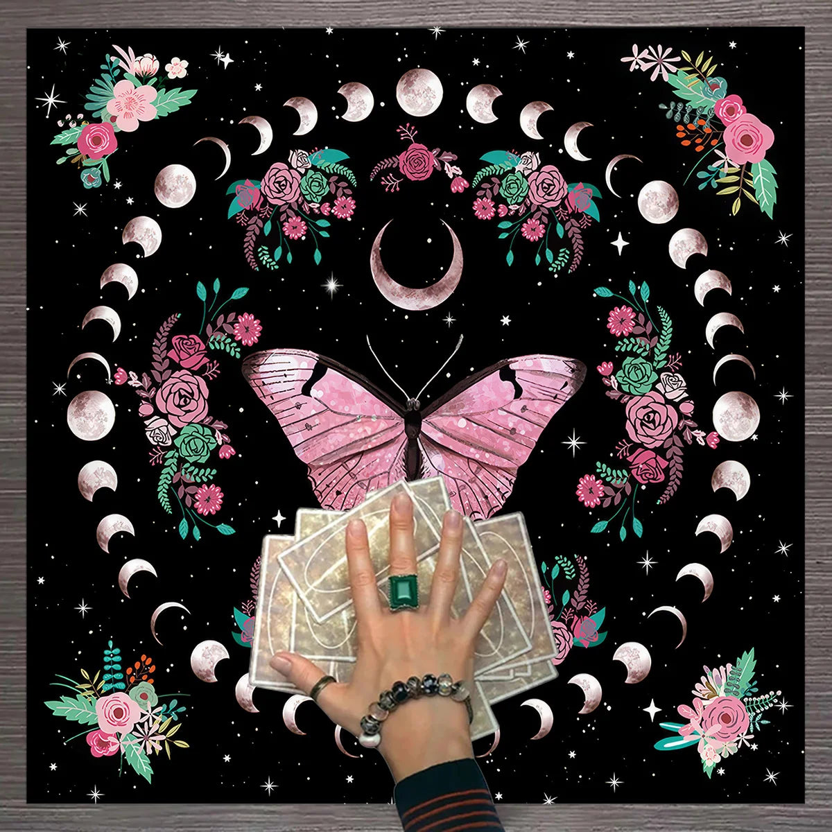 Pink Butterfly Moon Phase Floral Tarot Card Tablecloth  Altar Cloth Witchcraft Astrology Oracle Divination Cloth Home Decor