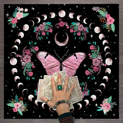 Pink Butterfly Moon Phase Floral Tarot Card Tablecloth  Altar Cloth Witchcraft Astrology Oracle Divination Cloth Home Decor