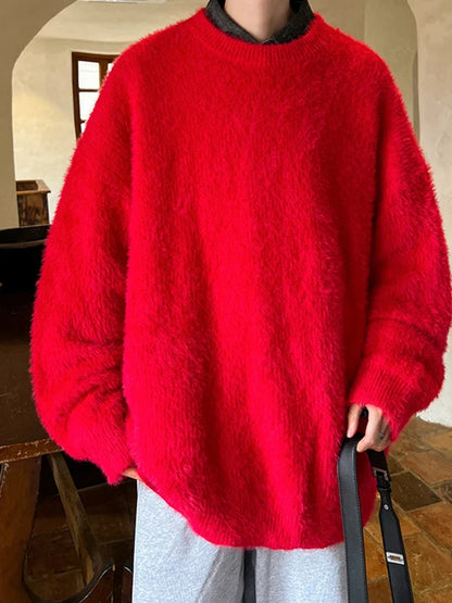 Autumn Men's Solid Fluffy Knitted Sweaters New Korean Fashion Loose Warm Pullovers Winter Couples Y2K Vintage Knitwear Jumpers
