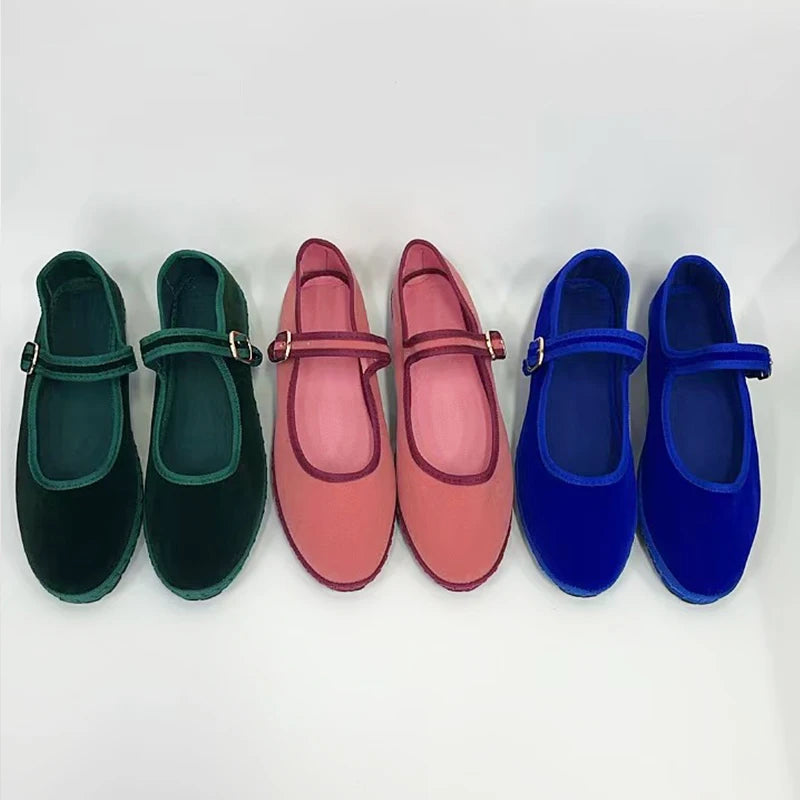 Flannel Flats Women Shoes Hand Stitch Mary Janes Ballet Casual Shoes Ladies Elegant Buckle Closure Velvet Loafers Dark Green