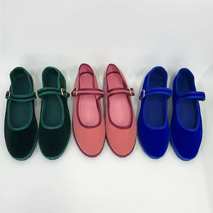 Flannel Flats Women Shoes Hand Stitch Mary Janes Ballet Casual Shoes Ladies Elegant Buckle Closure Velvet Loafers Dark Green