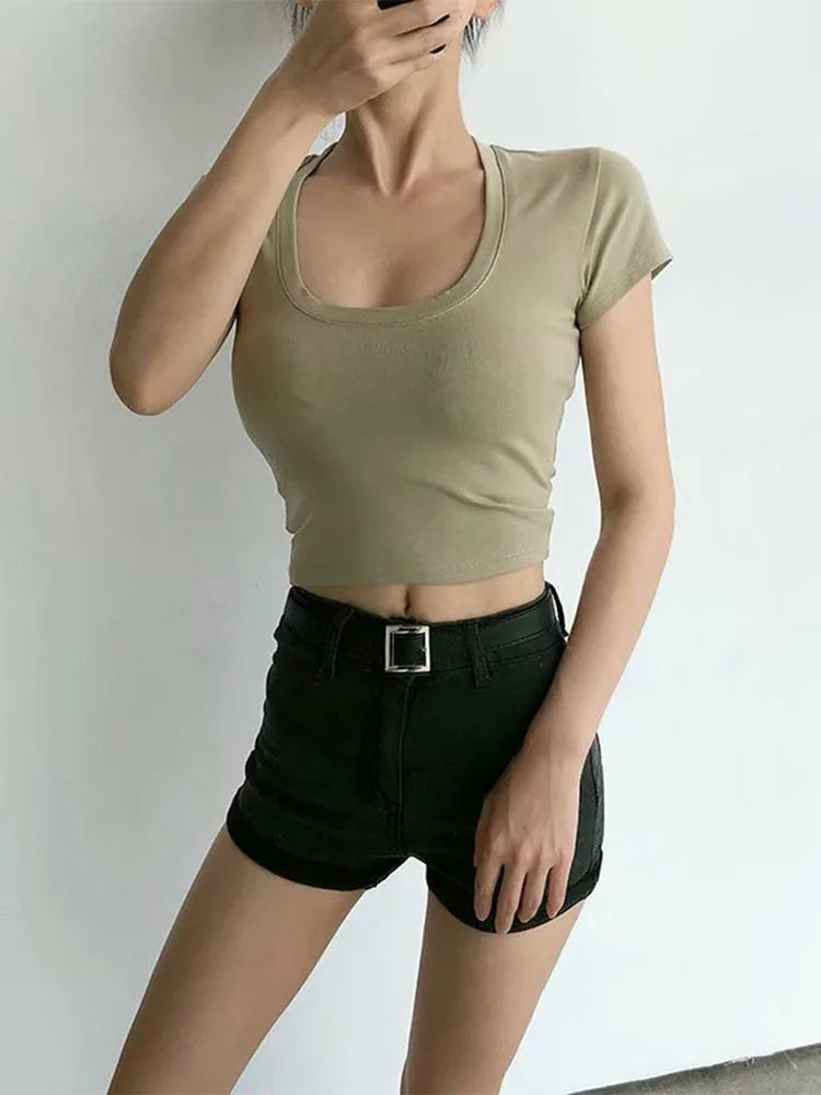 U-Neck Crop Top Solid Color Women Casual High Waist T Shirt Basic Sexy Streetwear Short Sleeve Slimming