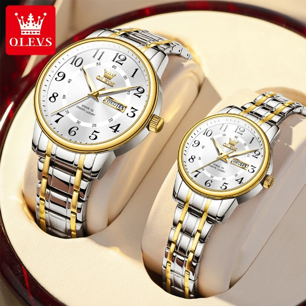 OLEVS 2891 Original Quartz Couple Watch Brand Luxury Double Calendar Waterproof Date Clock His and Her Watch Gift Couple Watch