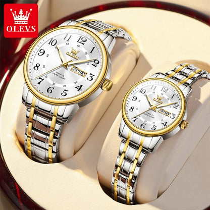 OLEVS 2891 Original Quartz Couple Watch Brand Luxury Double Calendar Waterproof Date Clock His and Her Watch Gift Couple Watch