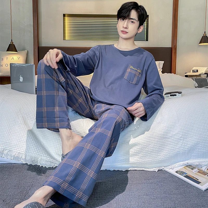 Spring Autumn Plus 4XL Knitted Men's Sleepwear Letter Lattice Pajamas Plaid Pajamas Sets Casual Loungewear Pyjamas Night Fashion