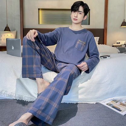 Spring Autumn Plus 4XL Knitted Men's Sleepwear Letter Lattice Pajamas Plaid Pajamas Sets Casual Loungewear Pyjamas Night Fashion