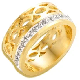 Shiny Crystal High End Non Tarnish Fashion Geometric Open Gold Plated Stainless Steel Rings for Women Wedding Ring Jewelry Gifts