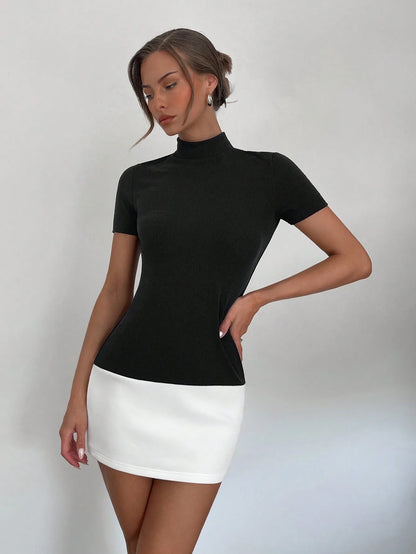 New Spring and Summer Workplace Commuter Office Woman Elite Style Contrast Color Splicing Simple Ultra-short Dress Woman