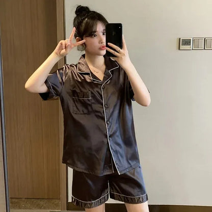 Solid Color Sleepwear Silk Satin Pajamas Couple Set Short-sleeved Pyjamas Suit Pijama Women Men Loungewear Plus Size Pj Set