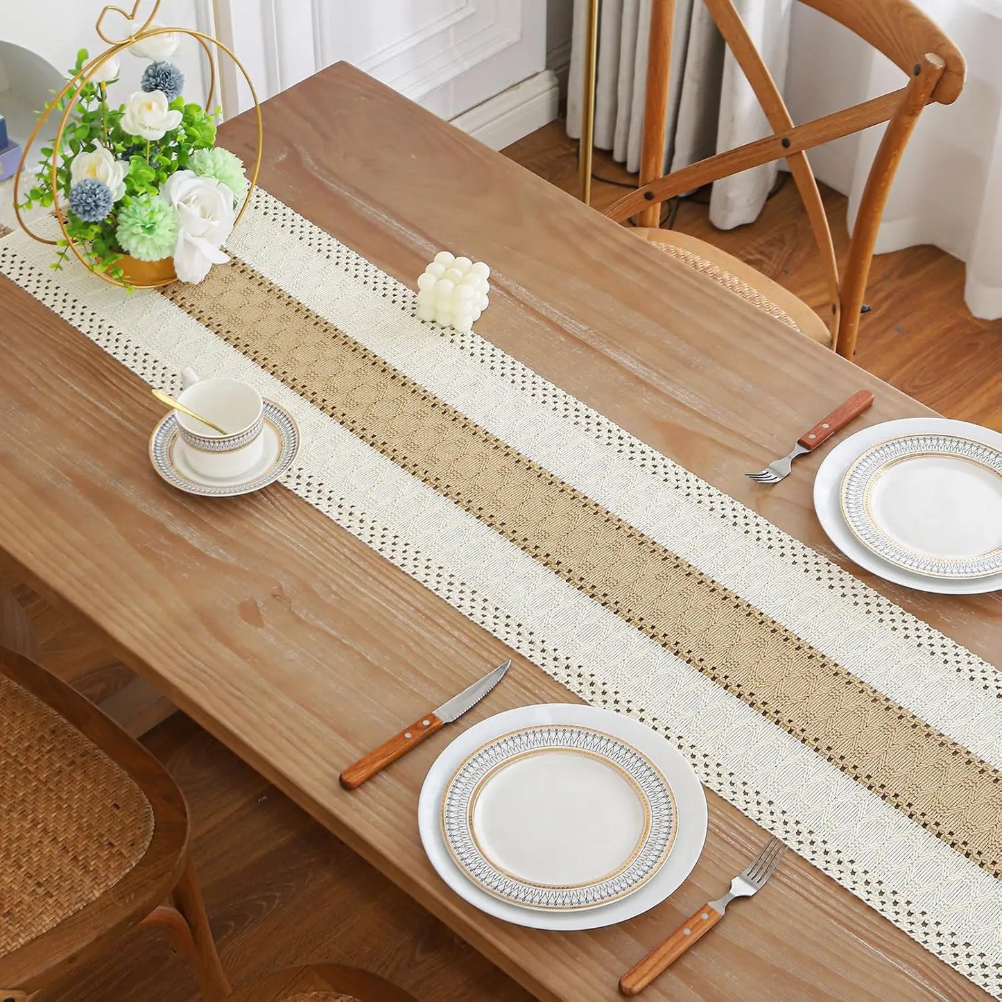 Boho Farmhouse Linen Table Runner with Tassels¨CRustic Macrame, Burlap & Cotton Blend for Summer Home Decor and Holiday Events