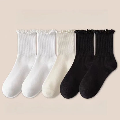 5 Pairs /Lot Socks for Women Ruffle Middle Tube Ankle Short Breathable Black White Set Spring Autumn