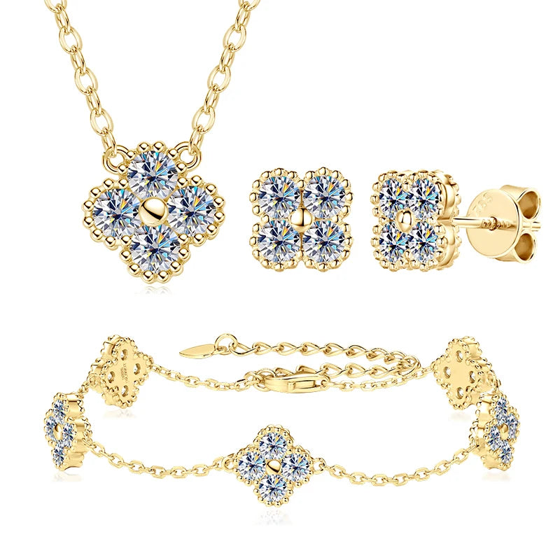 18k Gold Plated 925 Silver 3mm Moissanite Necklace Earrings Bracelet Sets 3 In 1 Clover Flower Charm Jewelry Set for Women Gift