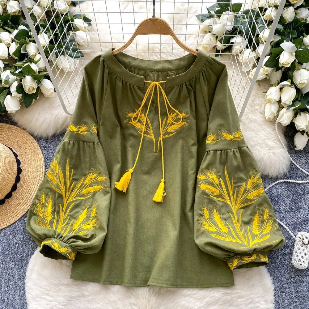 Neploe Vintage Heavy Ethnic Style Panelled Shirt Lace Up O Neck Embroidery Lantern Blouses Western Loose Casual All-match Blusas