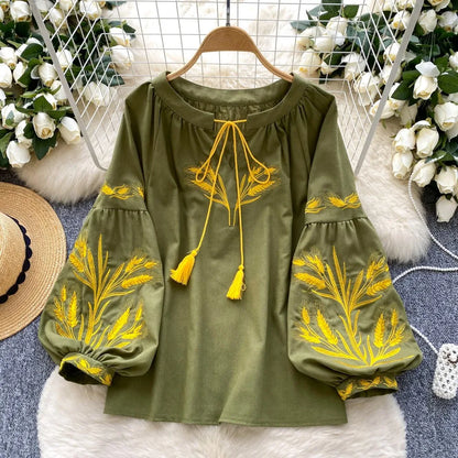 Neploe Vintage Heavy Ethnic Style Panelled Shirt Lace Up O Neck Embroidery Lantern Blouses Western Loose Casual All-match Blusas
