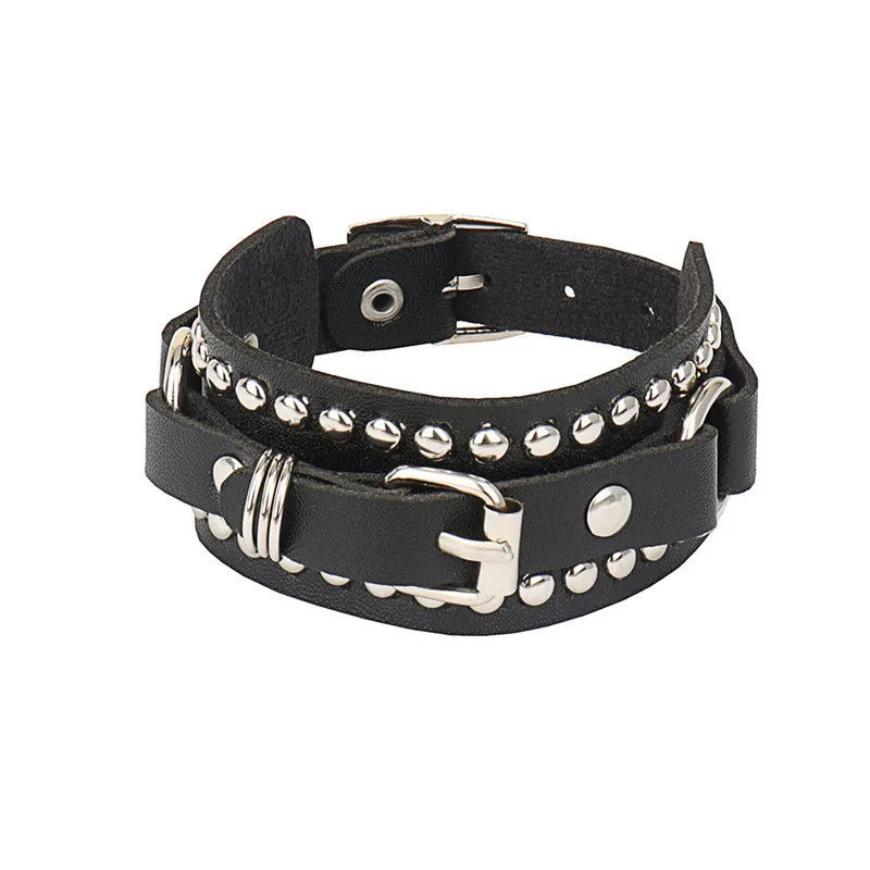 90s Fashion Punk Style Bracelet Personality PU Leather Three Rows Spikes Square Stud Bracelets Bangle 2024