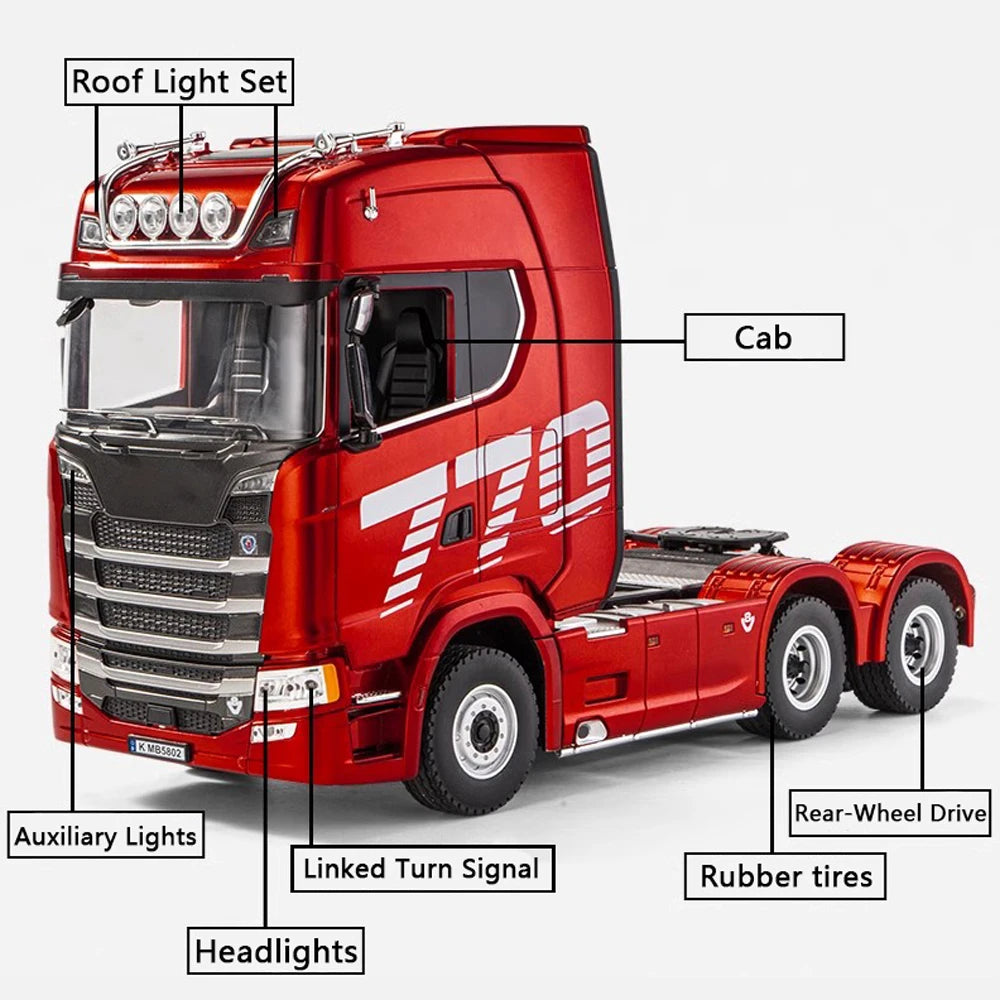 HUINA 1/18 19CH RC Truck 1501 770S Scania Alloy Tractor 2.4G Remote Control Engineering Trailer Truck with Light and Sound Toys