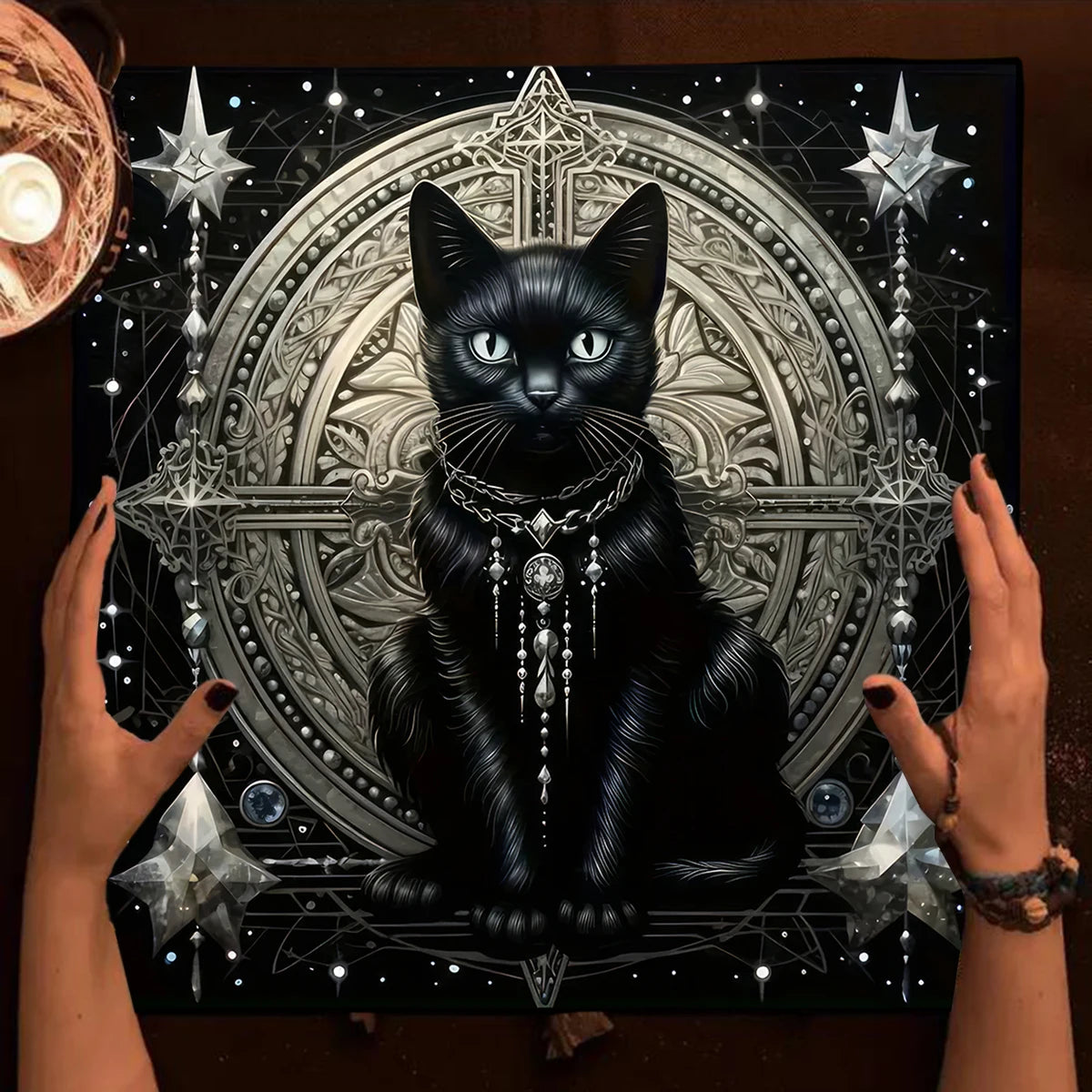 Colorful Mandala Black Cat Altar Cloth Tarot Tablecloth Witchcraft Cat & Moon Starry Sky Divination Cloth Tarot Mat Home Decor