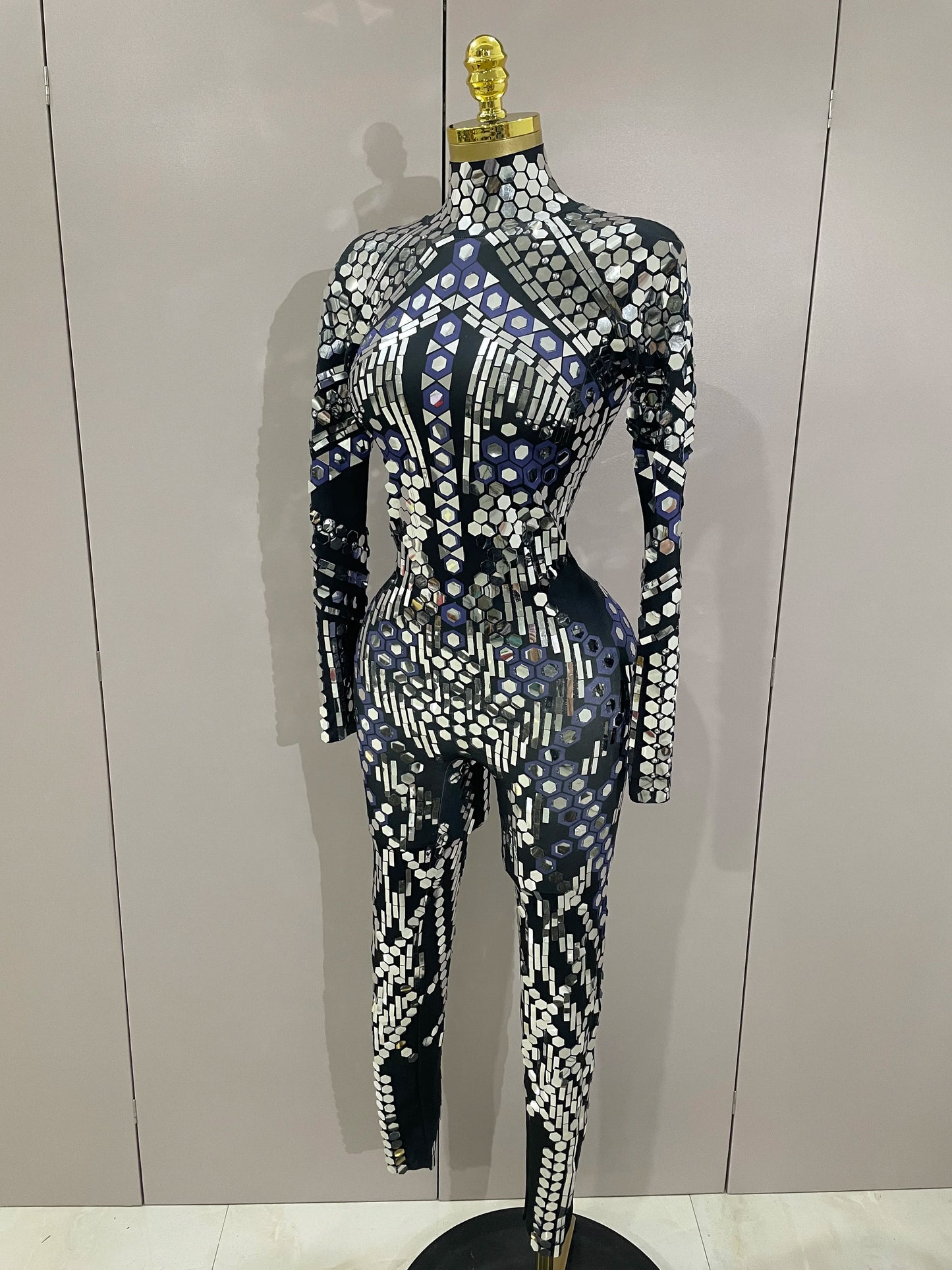 Sexy Shiny Silver Sequins Mirror Black Spandex Jumpsuit 2025 Women Prom Dancer Singer Costume Evening Birthday Show Stage Outfit