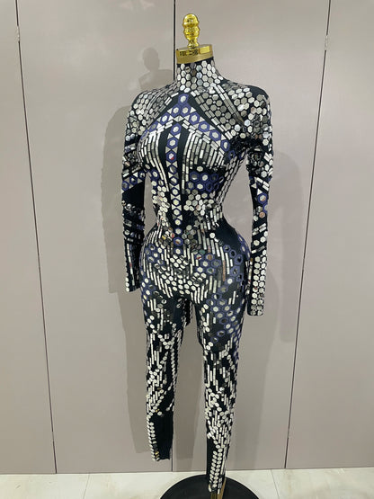 Sexy Shiny Silver Sequins Mirror Black Spandex Jumpsuit 2025 Women Prom Dancer Singer Costume Evening Birthday Show Stage Outfit