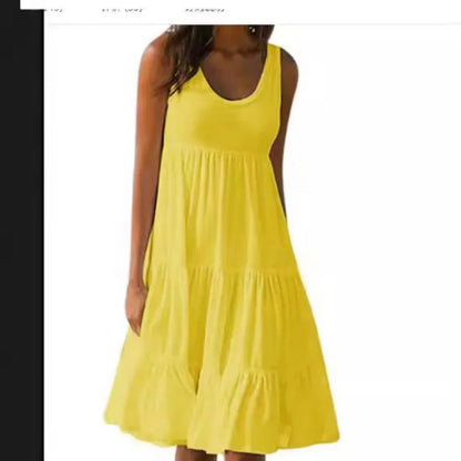 Bohemian Women's Casual O Neck Sleeveless Ruffle Mini Dress Solid Color Beach Tank Top Oversized Loose Dress Plus Size Women3029