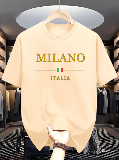 Men's summer 100 cotton fashionable casual loose plus size MILANO ITALIA pattern printed sports round neck short sleeved T-shirt