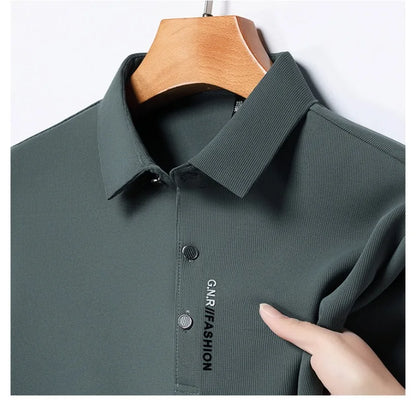 2025 Men's Short Sleeve Solid Color Polo Shirt Breathable Comfortable Elastic Top New Arrivals Casual Business Style