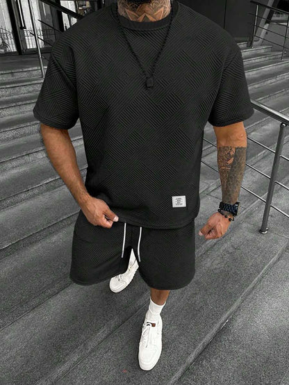 Men's Textured Letter Patched Round Neck Tee & Drawstring Shorts Two-Piece Set Regular Fit Casual Short Sleeve T shirt & Shorts