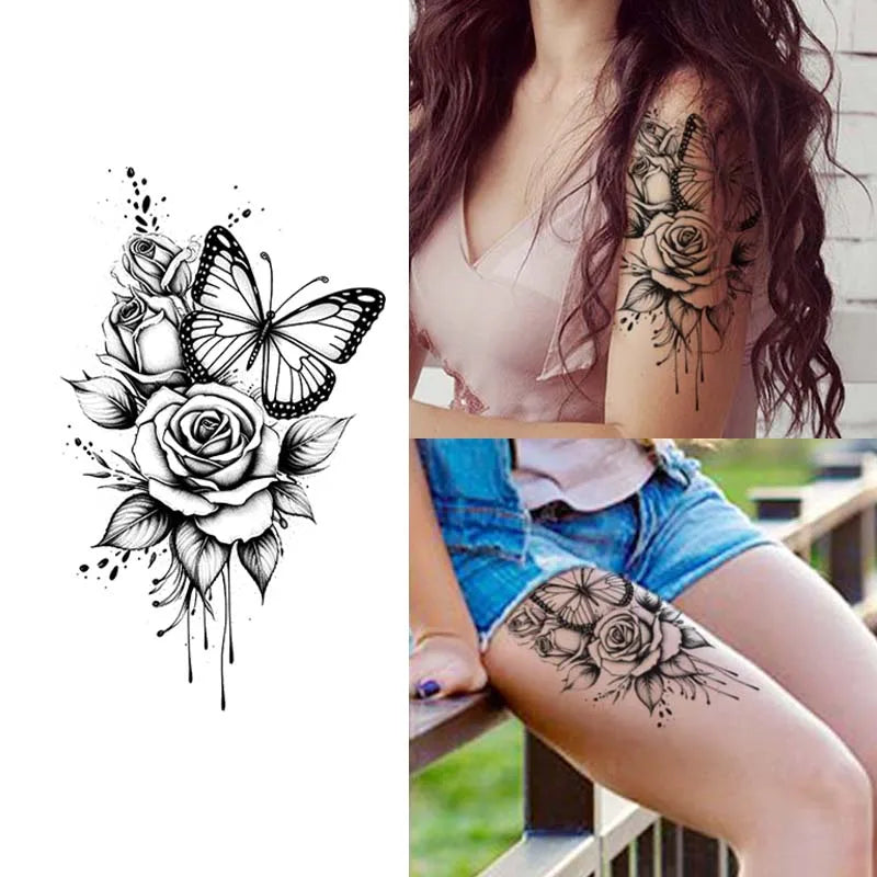 Butterfly and Rose Waterproof Temporary Tattoo for Arm and Leg, Long-Lasting, Realistic Fake Tattoo for Men and Women