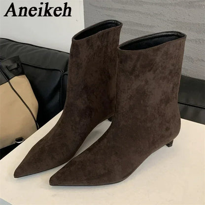 Aneikeh Autumn Fashion High Quality Pointed Toe Vintage Ankle Boots Sexy Thin Low Heel Women Warm Knight Slip On Party Shoes