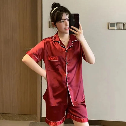 Solid Color Sleepwear Silk Satin Pajamas Couple Set Short-sleeved Pyjamas Suit Pijama Women Men Loungewear Plus Size Pj Set