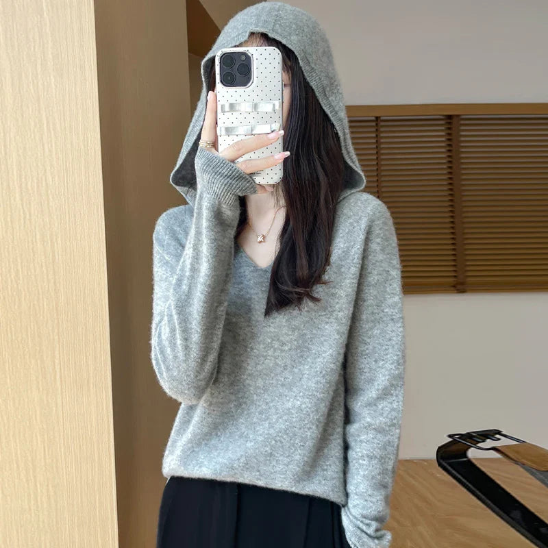 Women Autumn Winter Clothing Hooded Collar Pullover 100% Merino Wool Sweater New Fashion Cashmere Tops Bottoming Knitwear Soft