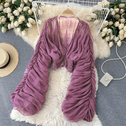 Women Sexy Chiffon Short Blouse Female See Through Super Long Sleeve Blusas Purple/Green/Black/White Folds Party Tops 2022 New