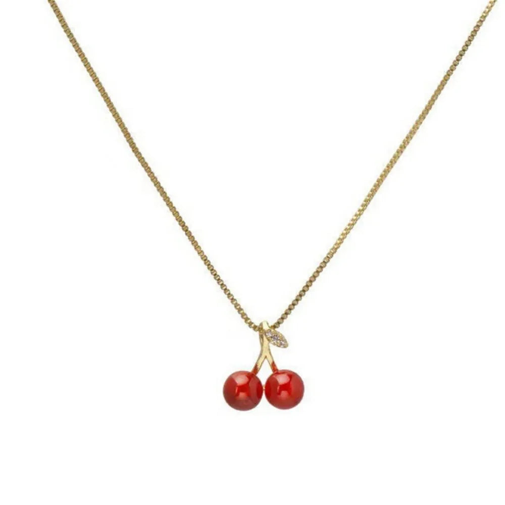 Fashionable Red Cherry Pendant Necklace for Women Golden Chain Fruit Jewelry Party Accessory Birthday Gift
