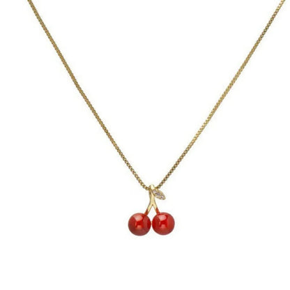 Fashionable Red Cherry Pendant Necklace for Women Golden Chain Fruit Jewelry Party Accessory Birthday Gift